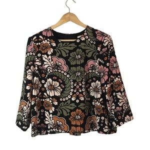 H&M Womens Long Sleeve Shirt Size 12 Black Floral Polyester Blend
